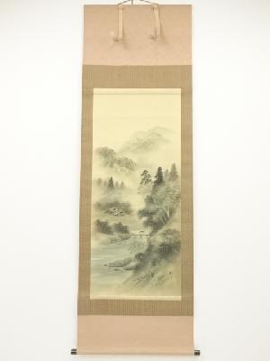 津田峰水筆　渓山流水　肉筆絹本掛軸（共箱）